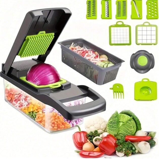 Coupe-légumes multifonction 16-en-1 – Tranche, râpe, émince et plus !